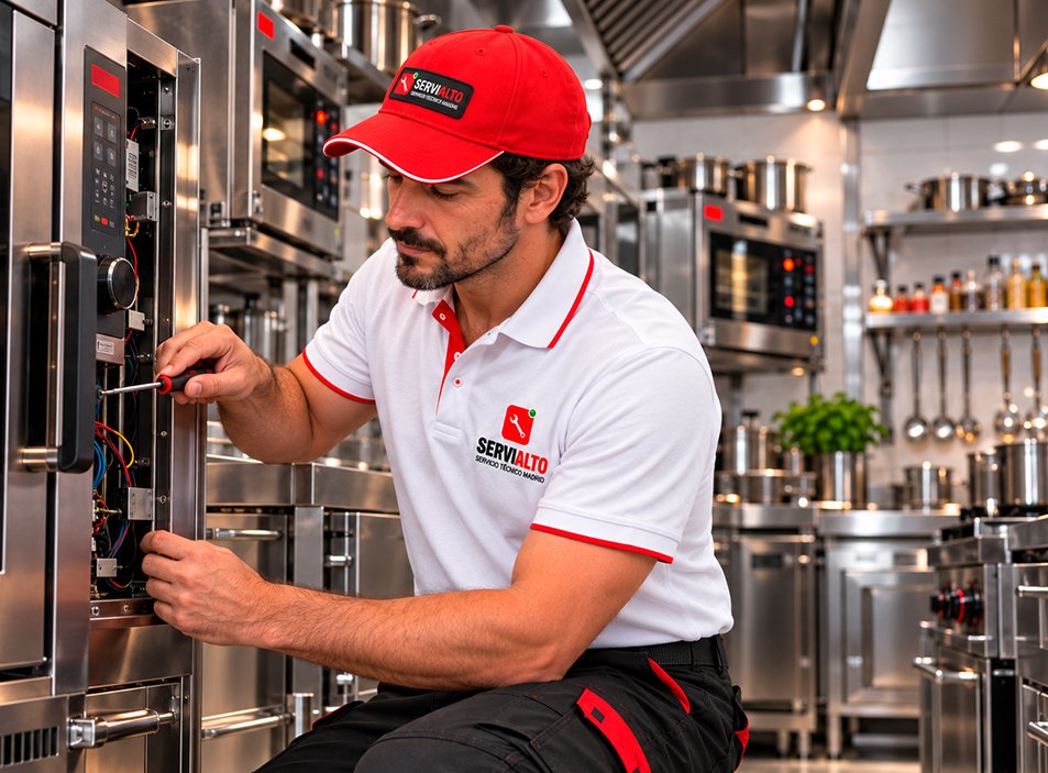 Técnico de Servialto reparando equipo de cocina profesional en Madrid