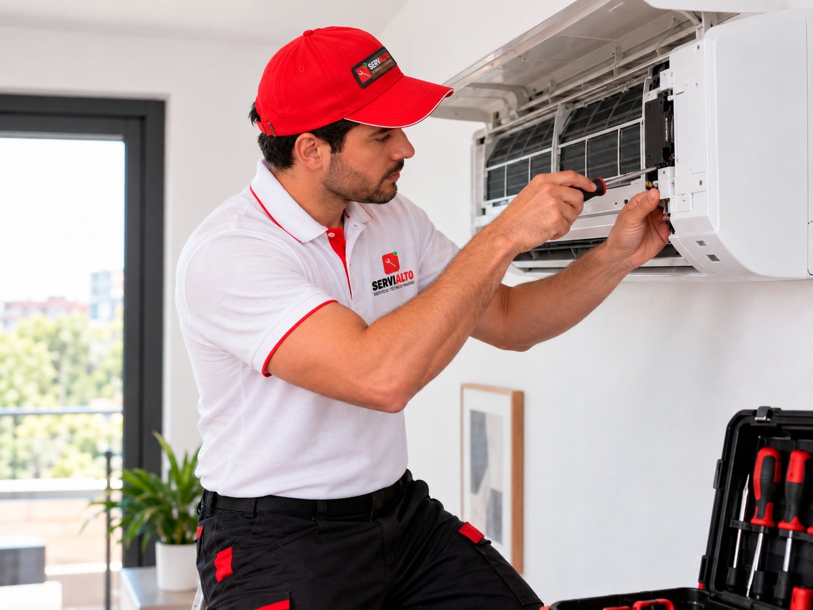 Técnico de Servialto reparando un electrodoméstico a domicilio en Madrid