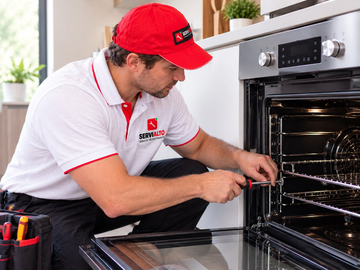 Técnico de Servialto reparando un horno a domicilio en Madrid