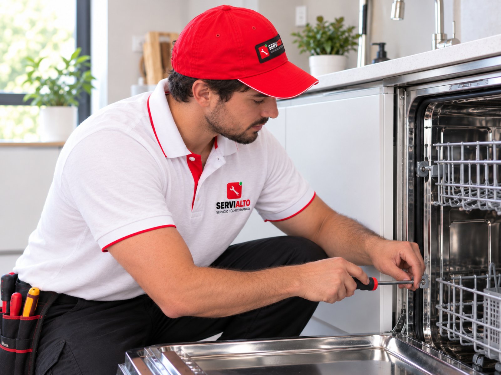 Técnico de Servialto reparando un lavavajillas a domicilio en Madrid