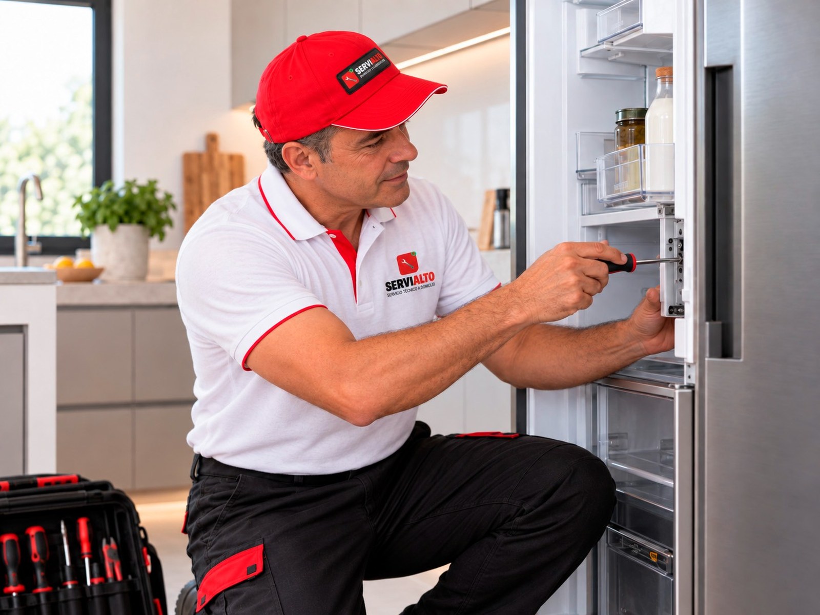 Técnico de Servialto reparando una nevera a domicilio en Madrid