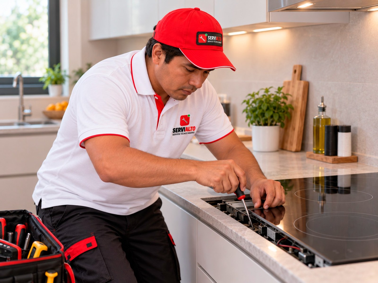 Técnico de Servialto reparando una vitrocerámica a domicilio en Madrid